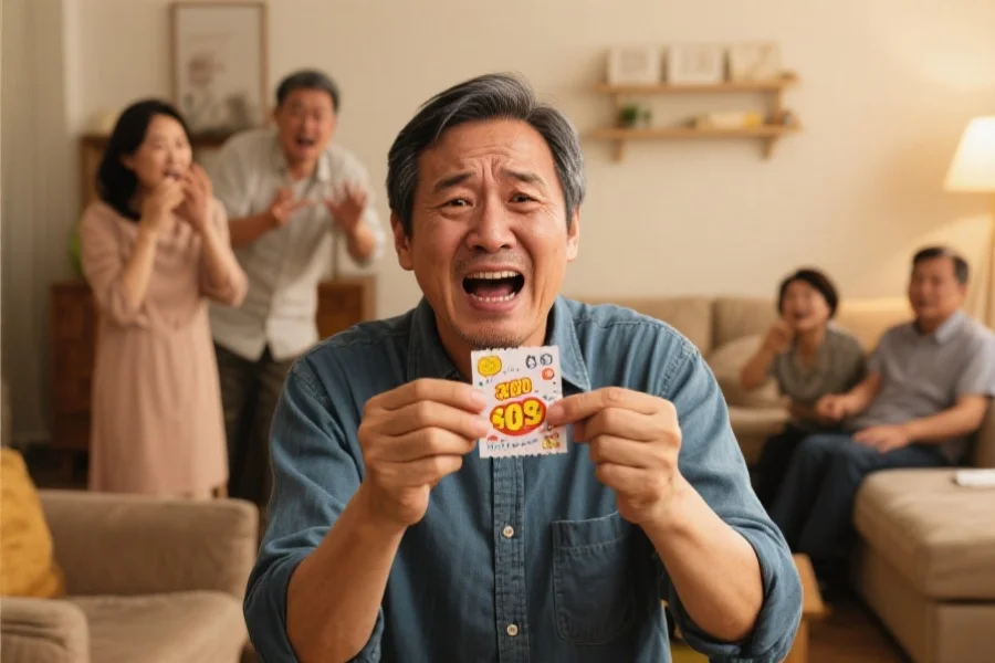 一位中年男子手握彩票，神情既激动又焦虑，背景为家庭客厅，家人表情复杂，突出中奖带来的压力与情感冲突