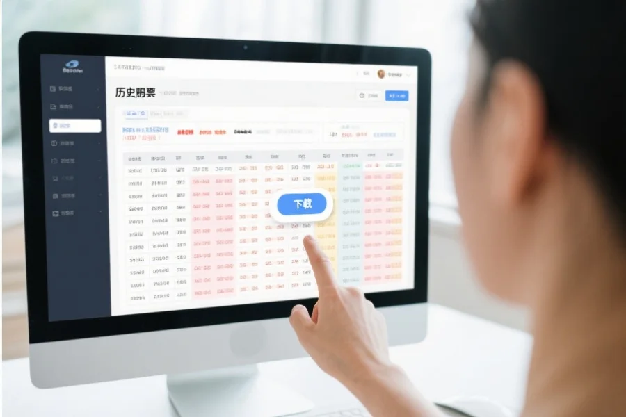 清晰的电脑屏幕显示历史开奖数据表格，用户手指指向“下载”按钮，环境明亮整洁