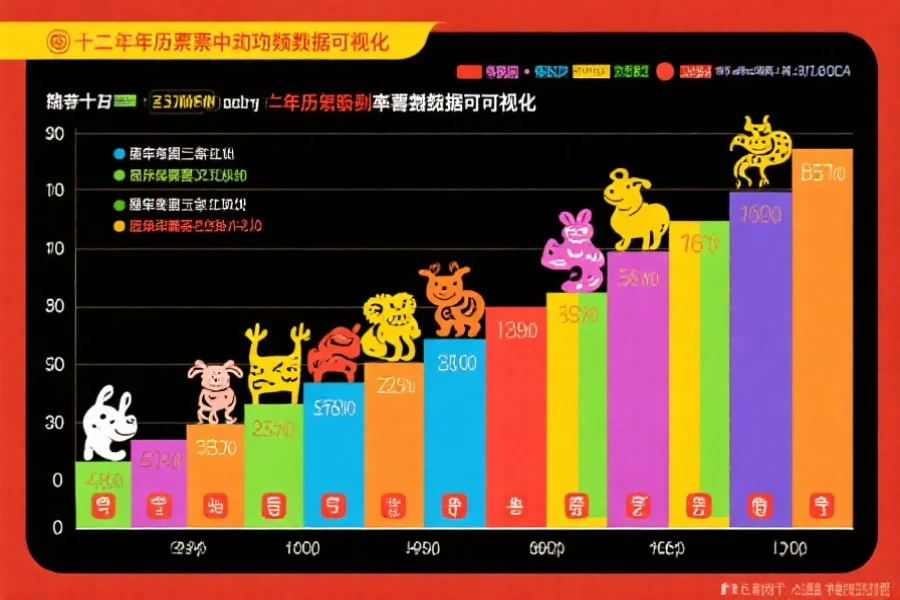 一张以柱状图形式展示十二生肖在历年彩票开奖中出现频率的数据可视化图表，色彩鲜明，配有简要说明